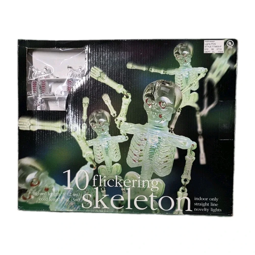 Halloween Skeleton 10 Flickering String Lights Vintage Indoor Use Only NEW